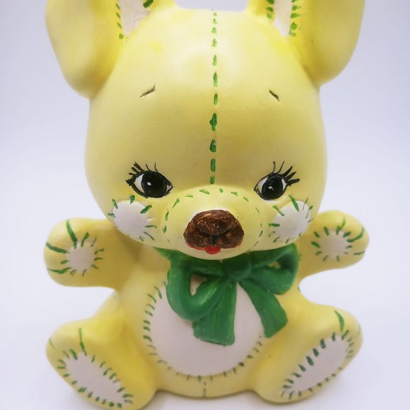 Decorative Ceramic Free Standing Rabbit Yellow Green White Design Green Bow - Picture 2 of 12